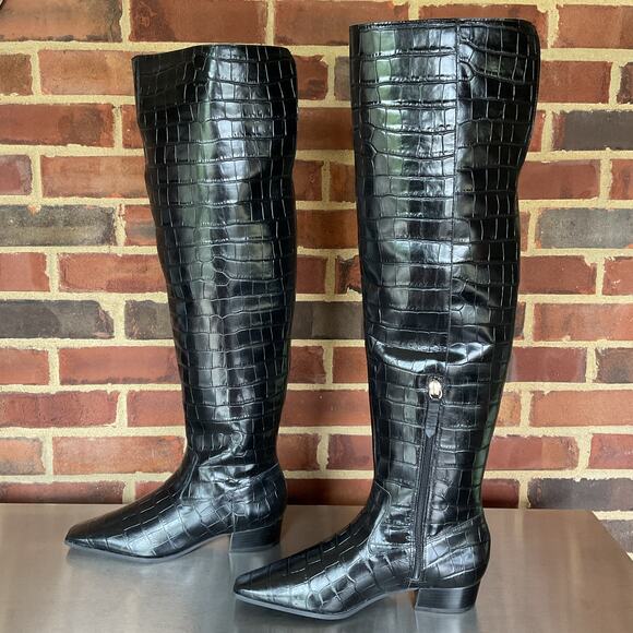 NEW Schutz Women’s Helena Croc Embossed Over the Knee Boots Black Size 7.5B - Picture 2 of 10